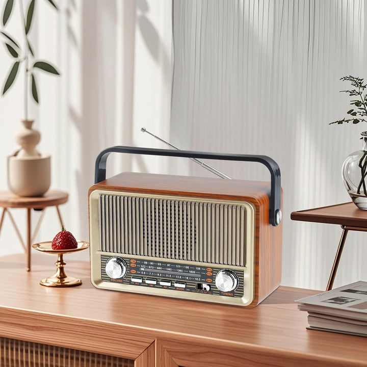 Retro Radio mit Bluetooth, Nostalgie Kofferradio Klein mit AM/FM/SW3, USB/TF/AUX, Wiederaufladbar, K