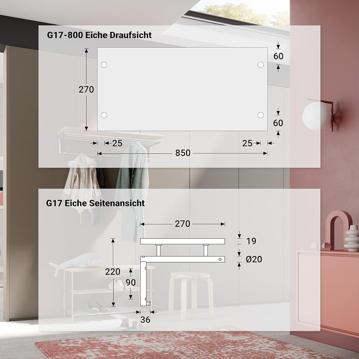PHOS Design, G17-800-Eiche, 80 cm breite Edelstahl Wandgarderobe mit 4 Kleiderstangen, 5 Kleiderhake