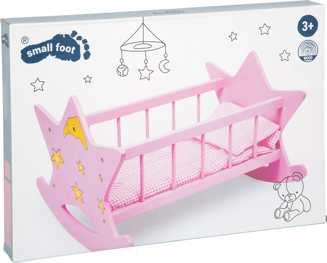 small foot Puppenwiege „Stern“ aus Holz, in rosa mit Mond und Sternen, für Puppen bis 45 cm, ab 3 Ja
