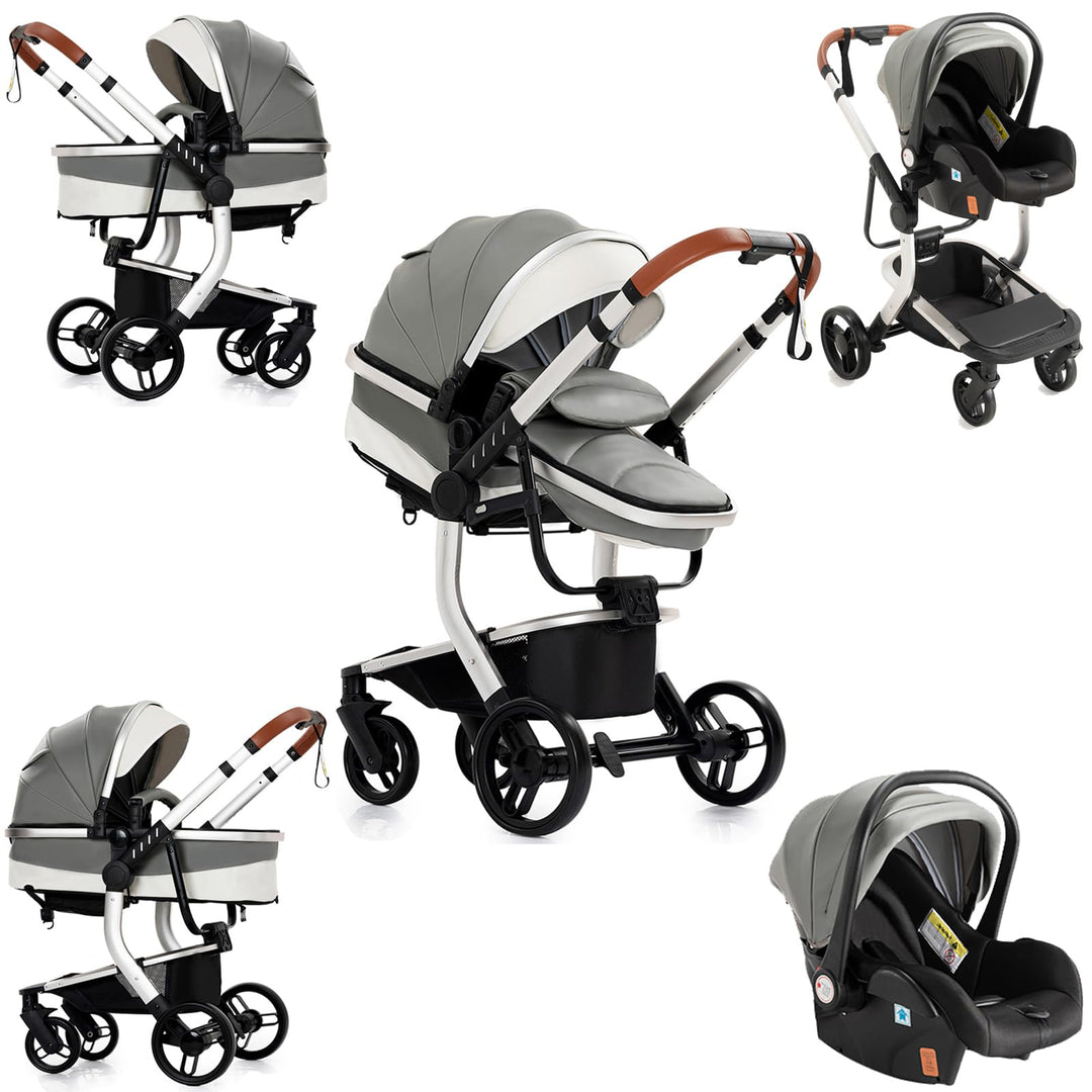 Sianldcone PU-Leder Kinderwagen 3 in 1, Hochwertige Stoffe Kinderwagen Set, Zwei-Wege-Schiebefunktio