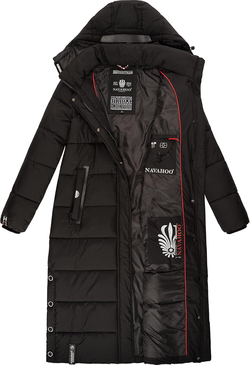 Navahoo Damen Wintermantel warmer Steppmantel lang mit abnehmbarer Kapuze Isalie XS-3XL M Schwarz, M
