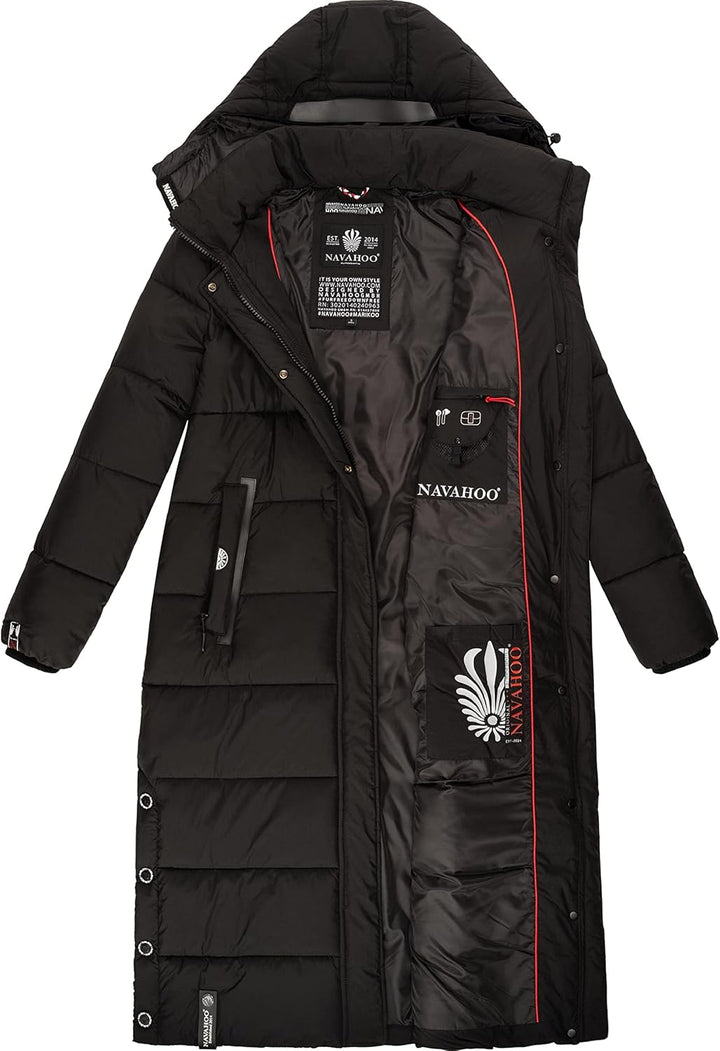 Navahoo Damen Wintermantel warmer Steppmantel lang mit abnehmbarer Kapuze Isalie XS-3XL M Schwarz, M