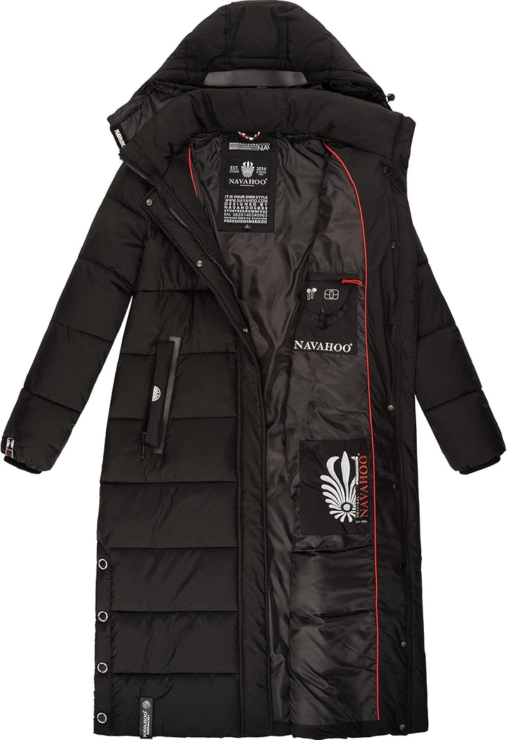 Navahoo Damen Wintermantel warmer Steppmantel lang mit abnehmbarer Kapuze Isalie XS-3XL S Schwarz, S