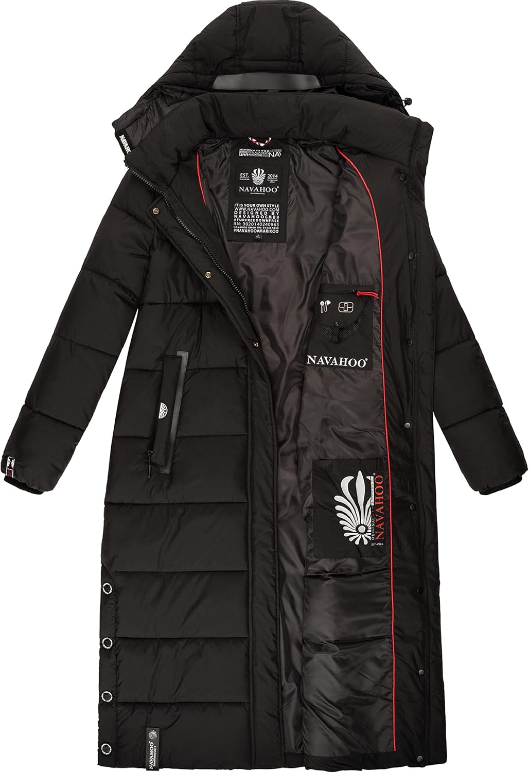 Navahoo Damen Wintermantel warmer Steppmantel lang mit abnehmbarer Kapuze Isalie XS-3XL M Schwarz, M