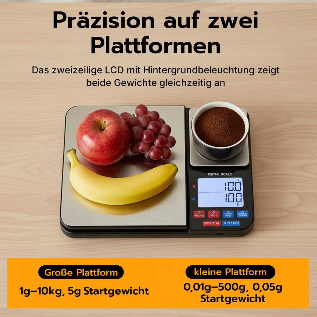 Digitale Küchenwaage mit 2 Plattformen,USB Wiederaufladbar – 10kg/1g & 500g/0,01g Dual Plattform Prä
