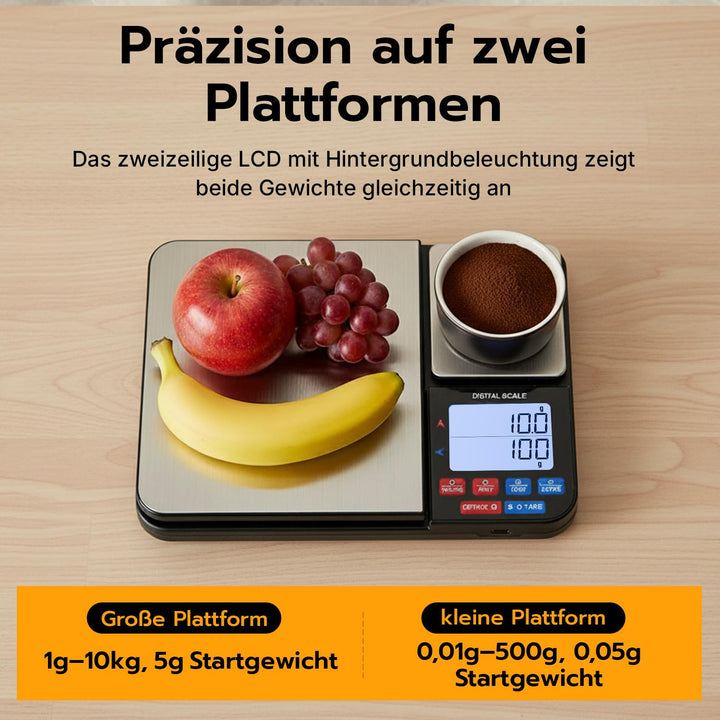 Digitale Küchenwaage mit 2 Plattformen,USB Wiederaufladbar – 10kg/1g & 500g/0,01g Dual Plattform Prä