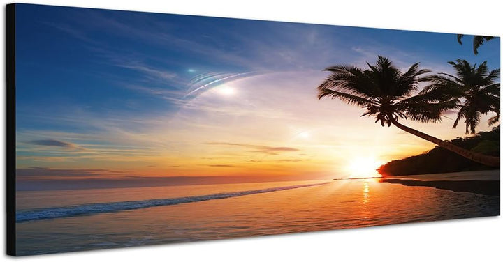 Panoramabild auf Leinwand und Keilrahmen 150x50cm Strand Meer Palmen Sonnenuntergang