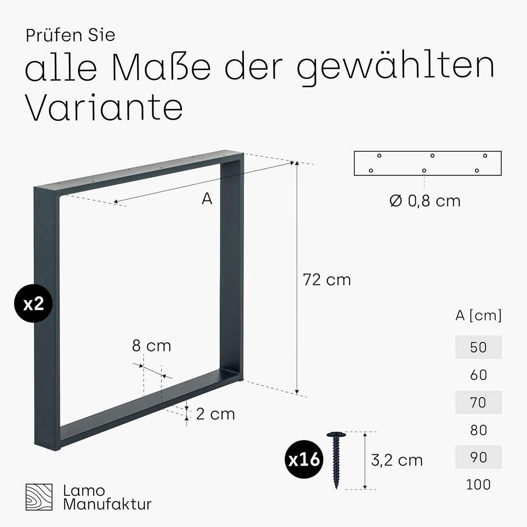 LAMO Manufaktur Tischbeine für Schreibtisch Esstisch, Simple Massive, Vierkantprofil 80x20 mm, Tisch