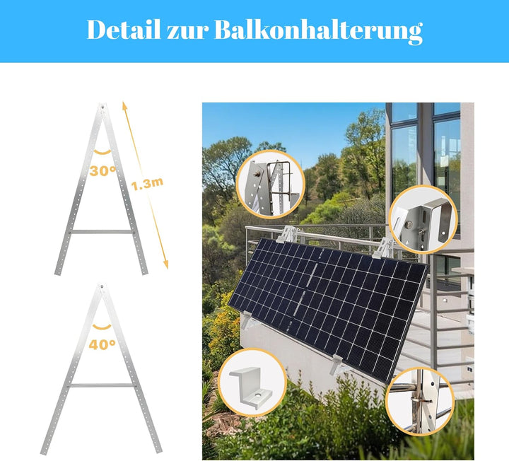 E.For.U® 1 Stück Balkonkraftwerk Halterung Solarmodul Halterung 1300mm, Verstellbar Winkel 10-30°, f
