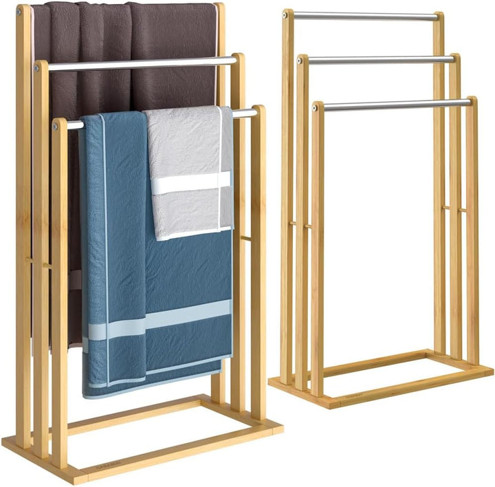 CASARIA® 2er Set Handtuchständer Freistehend Bambus Holz 84 x 46 x 24 cm 3 Edelstahl Stangen Handtuc