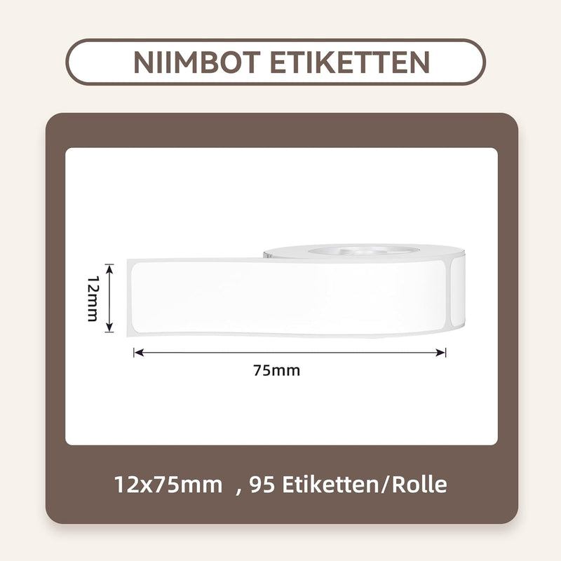 NIIMBOT Thermo Etiketten Selbstklebend, 12 x 75mm Etikettendrucker Thermopapier Kompatibel mit dem D