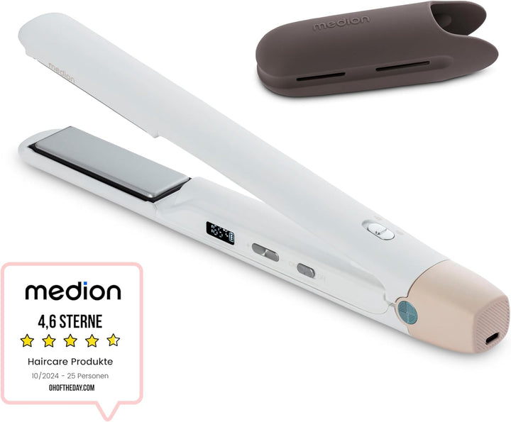 MEDION Glätteisen HS2 (kabellos, Display, 5 regelbare Hitzestufen, 165° bis 210°, breite flexible Ke