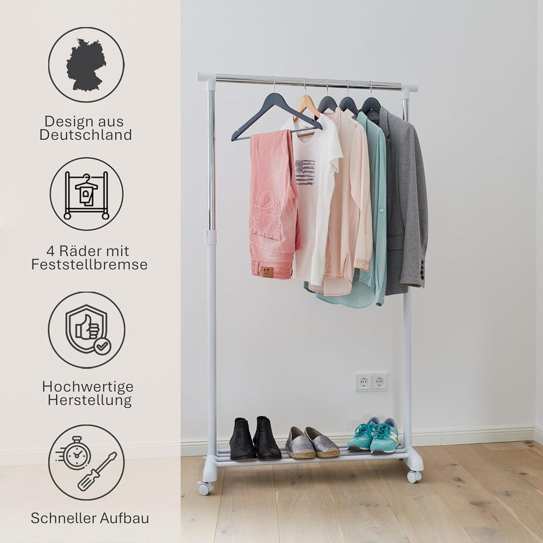 LOVE IT STORE IT Kleiderständer auf Rollen - Höhenverstellbarer Garderobenständer mit 1 Kleiderstang