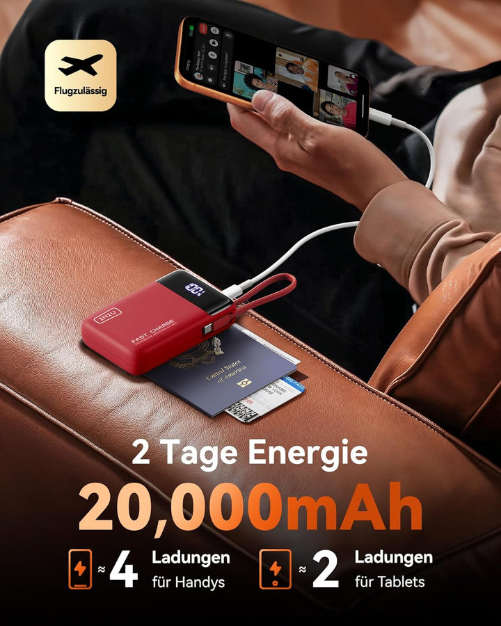 INIU 45W Power Bank, Ultra Klein 20000mAh Powerbank mit Integriertem USB C Kabel, Schnellladen Exter