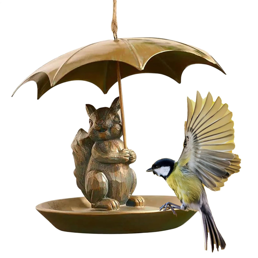 Animal Bird Feeder with Umbrella - Cute Squirrel/Cat/Dog Holding Umbrella Design Bird Feeder - Metal