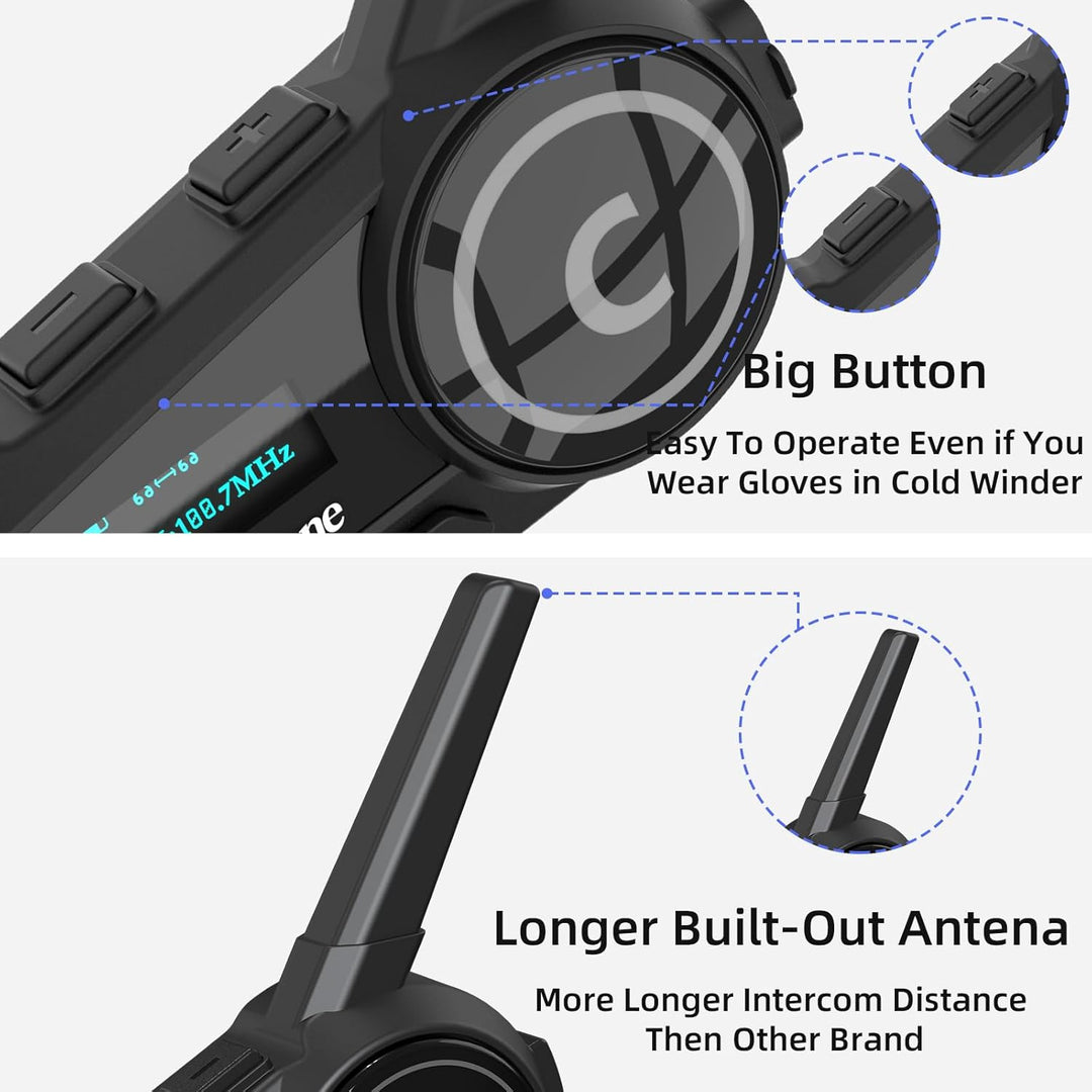 EuroFone Motorrad Bluetooth Headset,Motorrad Bluetooth Gegensprechanlage mit LED-Bildschirm für 6 Fa