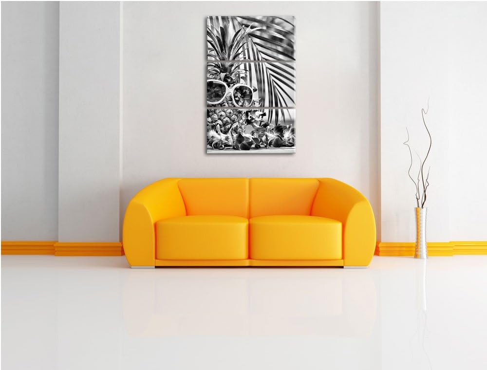 Pixxprint Monocrome, Ananas Urlaubsfeeling mit Sonnenbrille 3-Teiler Leinwandbild 120x80 Bild auf Le
