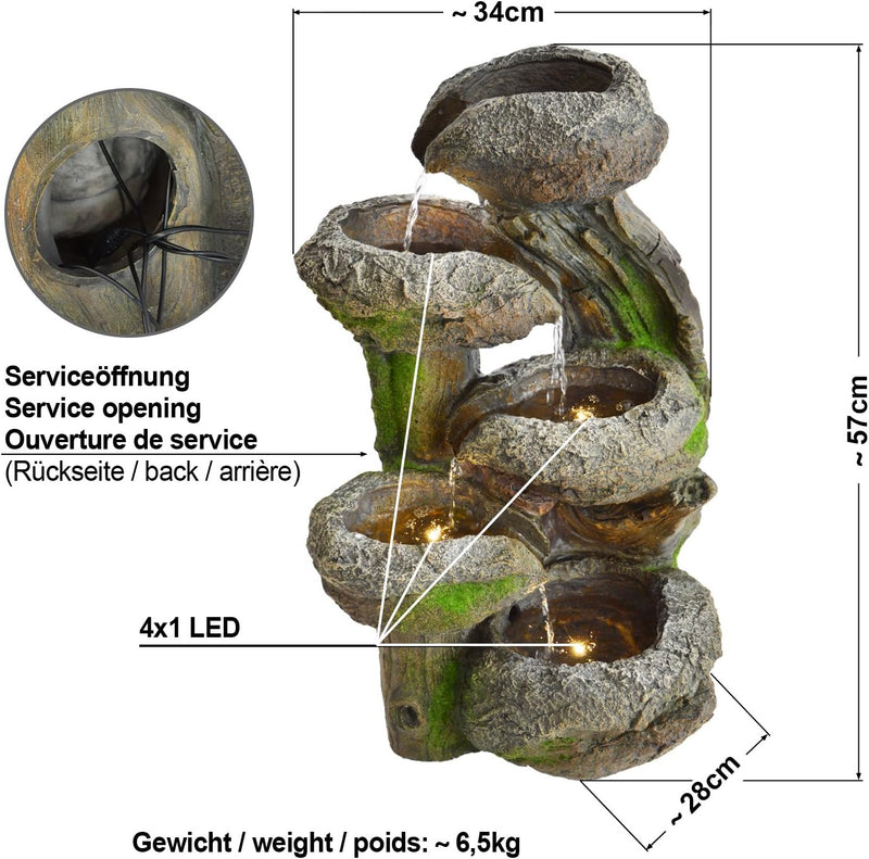 GARTENBRUNNEN BRUNNEN BAUMSTUMPF & STEINSCHALEN mit LED-Licht 230V ZIERBRUNNEN VOGELBAD Wasserfall G