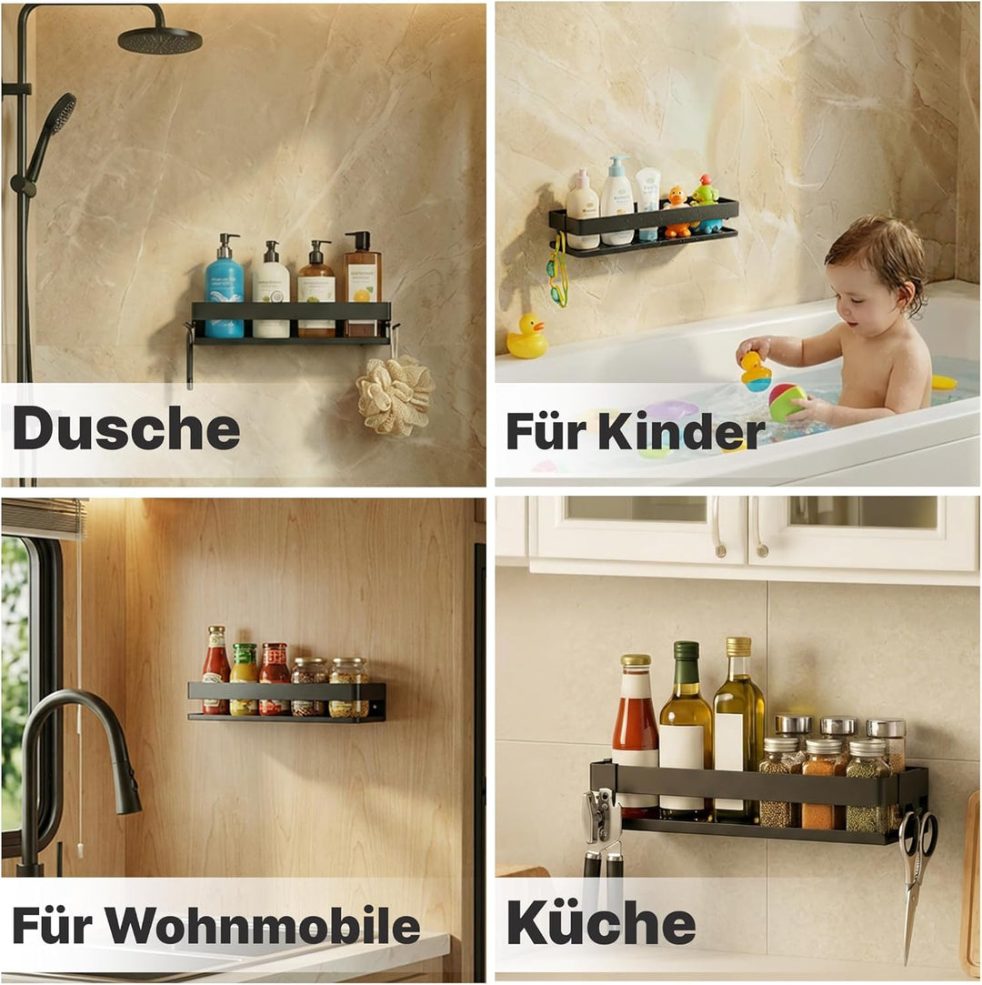 Minismus Duschablage ohne Bohren Schwarz, Duschregal mit Sicherheitsleiste und Haken, Wandregal ohne