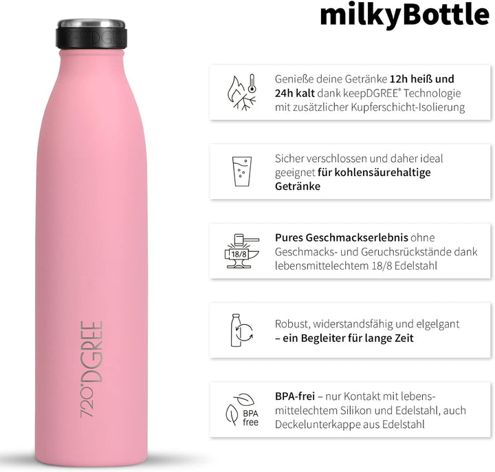 720°DGREE Edelstahl Trinkflasche “milkyBottle” - 750ml - BPA-Frei, Auslaufsicher, Kohlensäure geeign