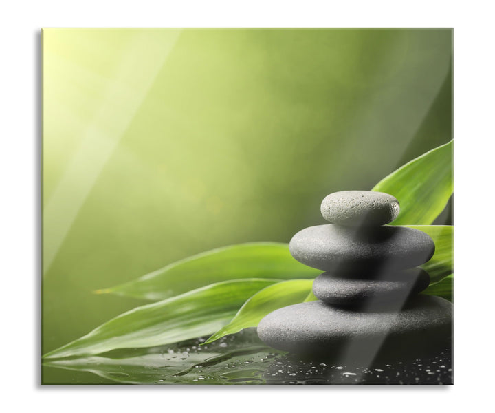Zen Steine mit Blättern Herdabdeckplatte & Spritzschutz aus Echtglas | Für Herd-Kochfelder | 60x52 c