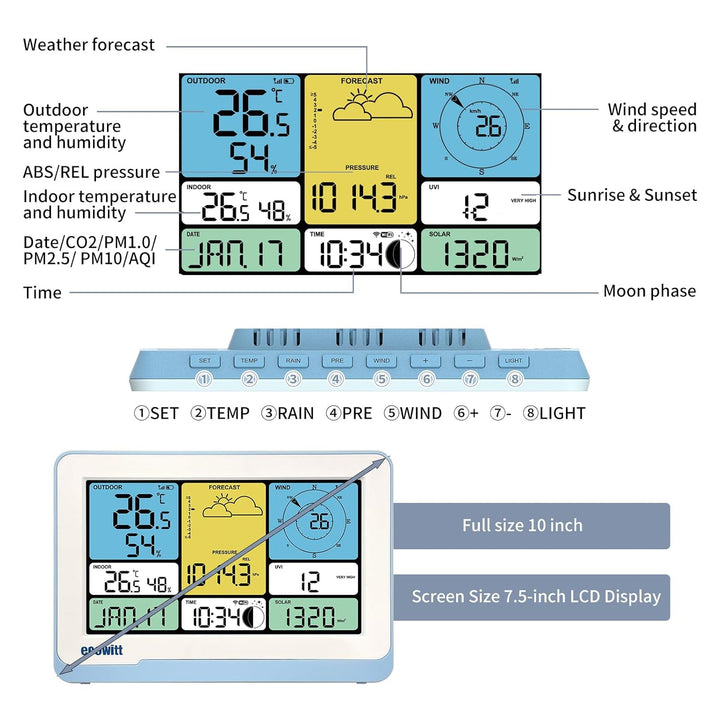 ECOWITT Konsole WS3820_C für Wetterstationen, 7,5 Zoll drahtloses Farb-LCD-Display für Zuhause, Eing