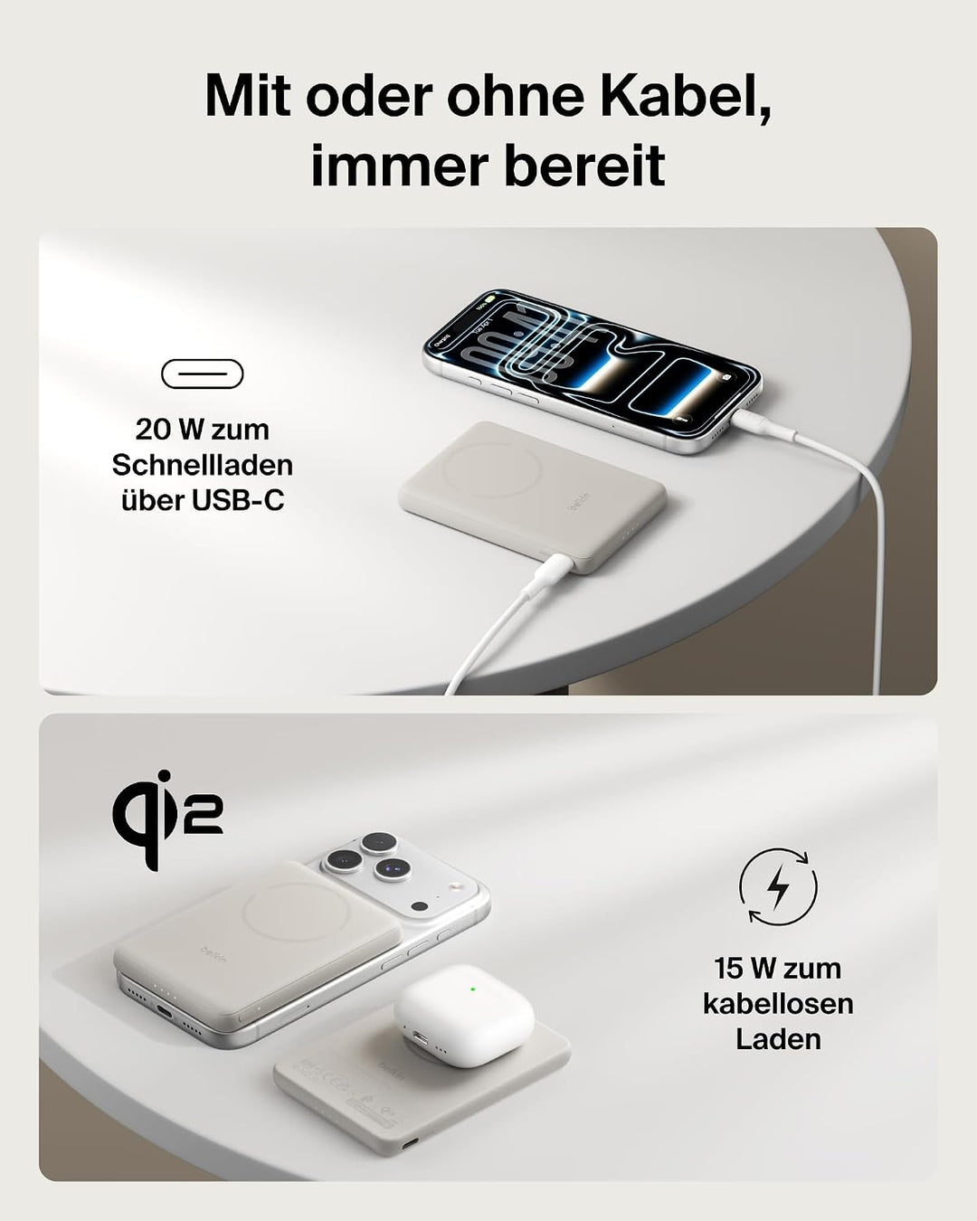 Belkin BoostCharge 5000mAh Magnetische Power Bank mit Magnetring – Beige | 5K Powerbank Kabellos, Qi