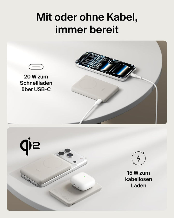 Belkin BoostCharge 5000mAh Magnetische Power Bank mit Magnetring – Beige | 5K Powerbank Kabellos, Qi