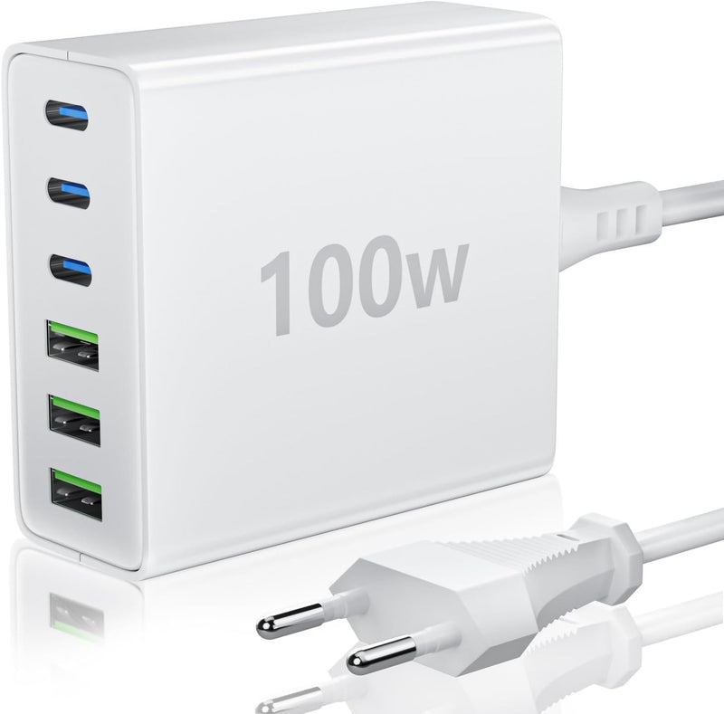 FINIBO USB C Ladegerät Mehrfach: 100W 6-Port Schnellladegerät mit USB-C und USB-A, Tragbarer USB C W