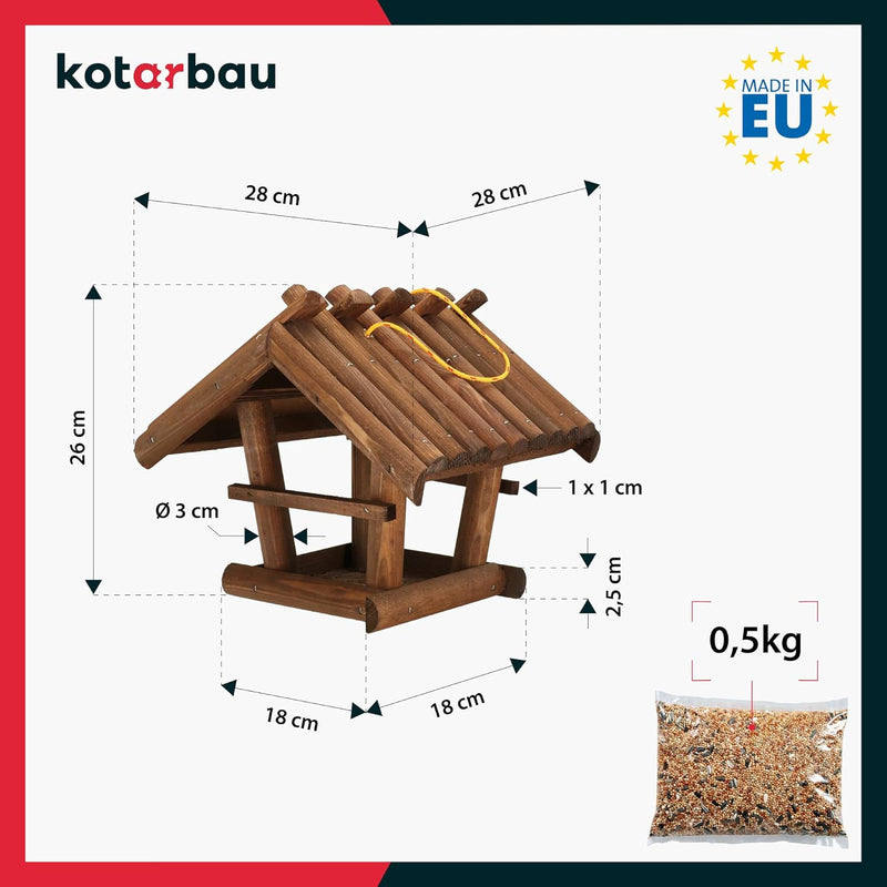 KOTARBAU® Holz Vogelfutterhaus Klein aus Natürlichem Holz Dunkelbraun zum Aufhängen + 0,5 kg Futter