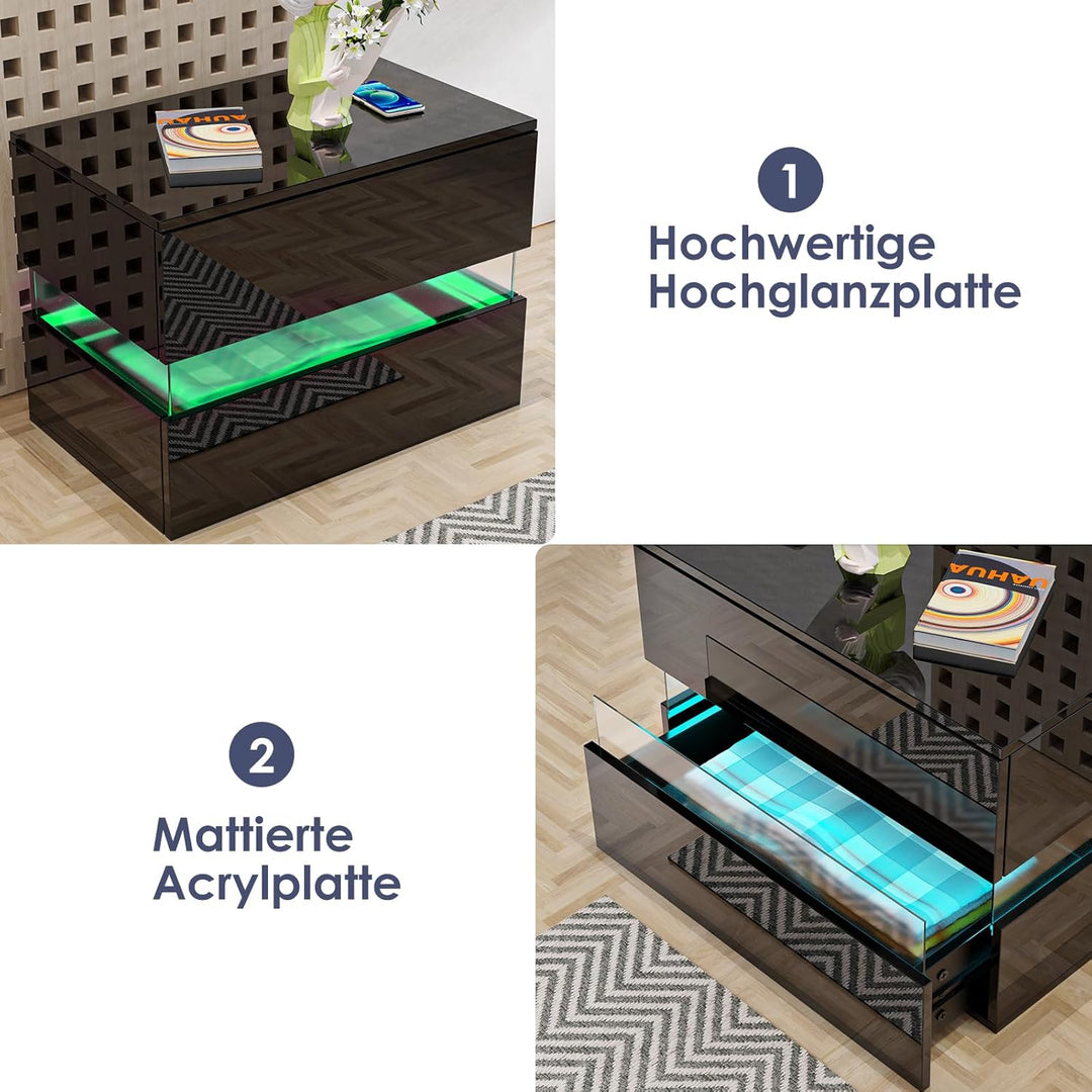 Lvhcmfohm Nachttisch mit Led Licht, Nachtschrank, Nachtkommode mit Acryl, 2 Schubladen für Wohnzimme