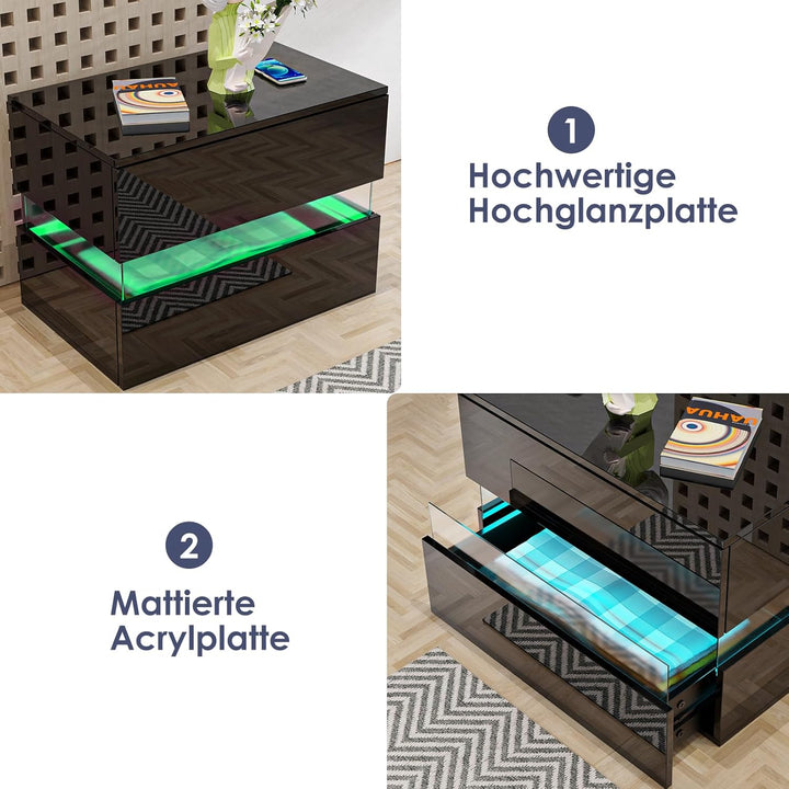 Lvhcmfohm Nachttisch mit Led Licht, Nachtschrank, Nachtkommode mit Acryl, 2 Schubladen für Wohnzimme