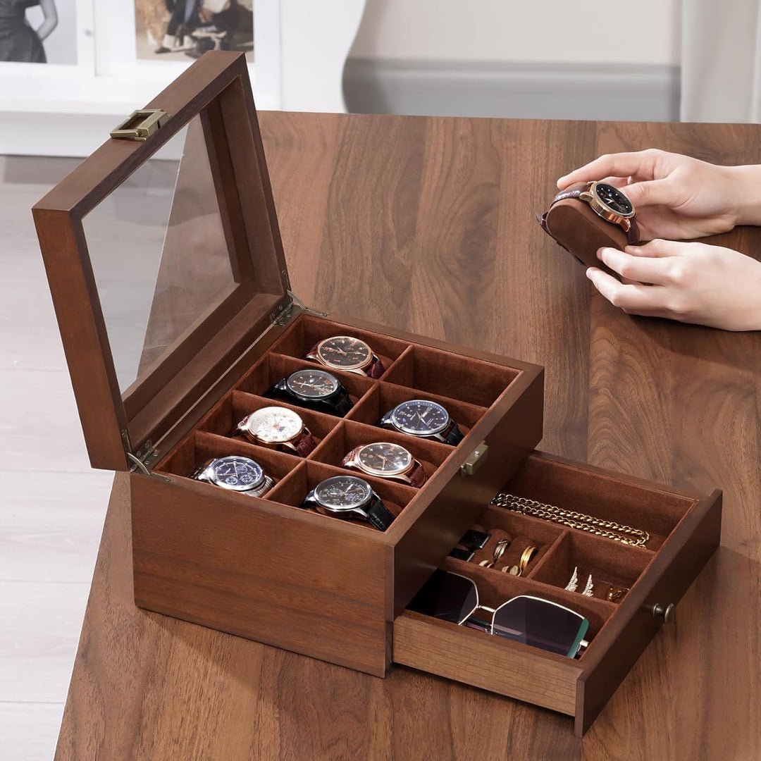 ProCase Uhrenbox mit 8 Fächern, Uhrenkasten Uhrenkoffer mit Glasdeckel Uhrenkissen, Uhrenschatulle f