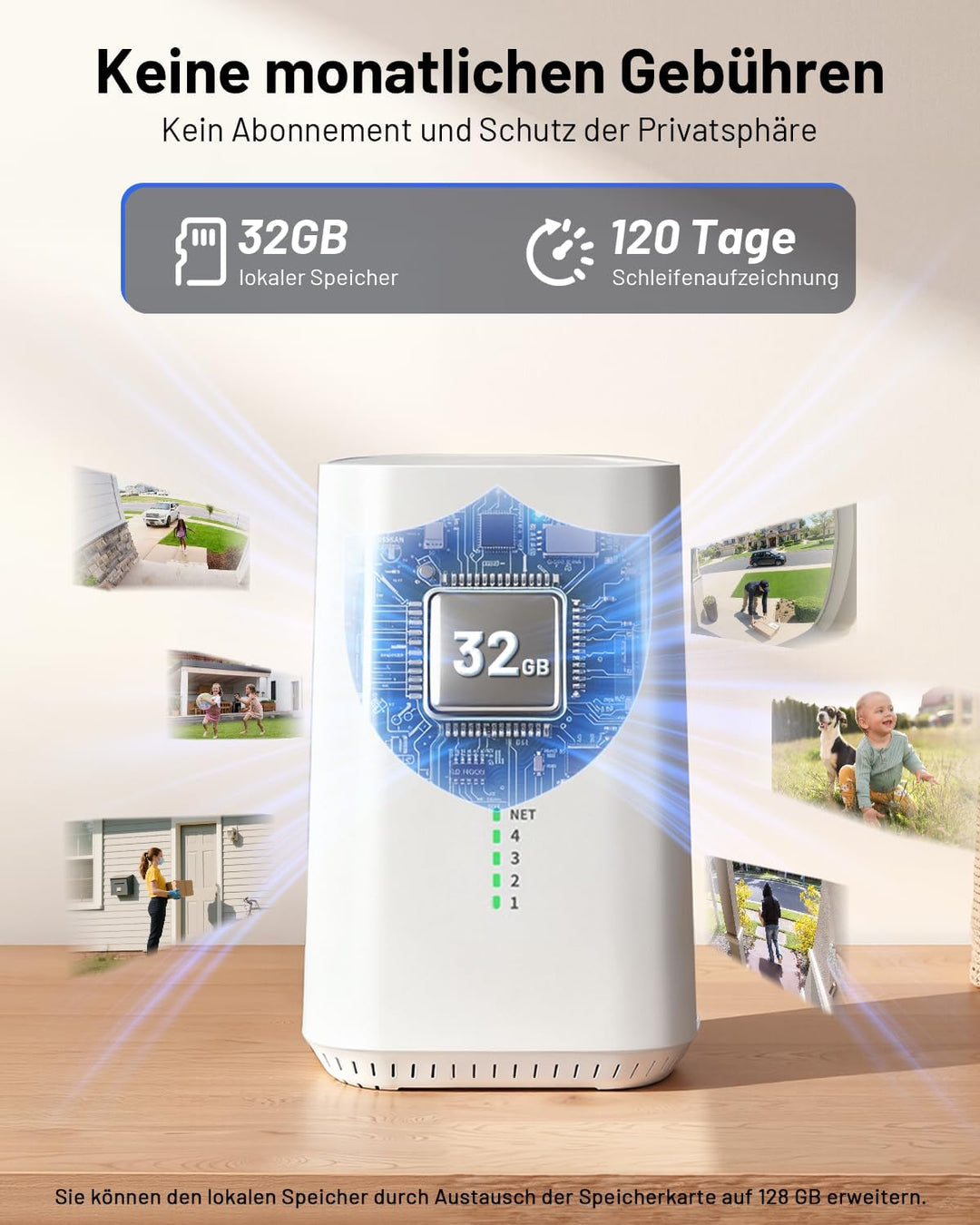 2K Überwachungskamera Aussen Akku Solar, 4-Cam-Set mit Basisstation | 360° PTZ Kabellos, 32G Lokaler
