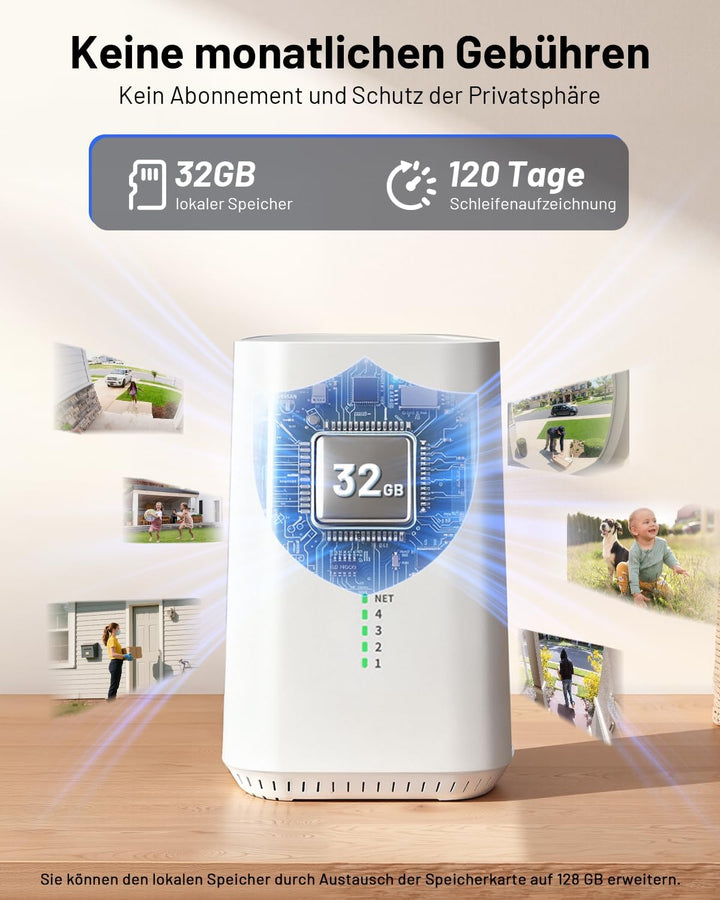 2K Überwachungskamera Aussen Akku Solar, 4-Cam-Set mit Basisstation | 360° PTZ Kabellos, 32G Lokaler