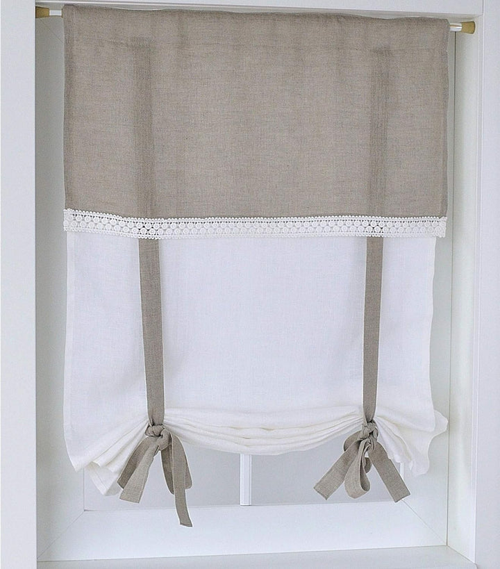 Kutti Raffgardine Venezia 100% Leinen Weiss Natur Landhaus Borte Schleifen romantisch (80 x 100 cm,