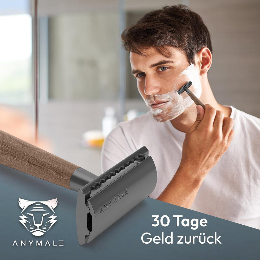 ANYMALE® Rasierhobel aus Walnussholz - Set mit Ständer und 5 ASTRA Klingen - Zero Waste Rasierer für