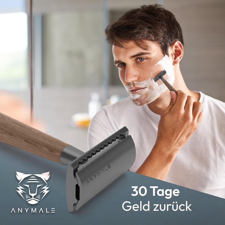 ANYMALE® Rasierhobel aus Walnussholz - Set mit Ständer und 5 ASTRA Klingen - Zero Waste Rasierer für