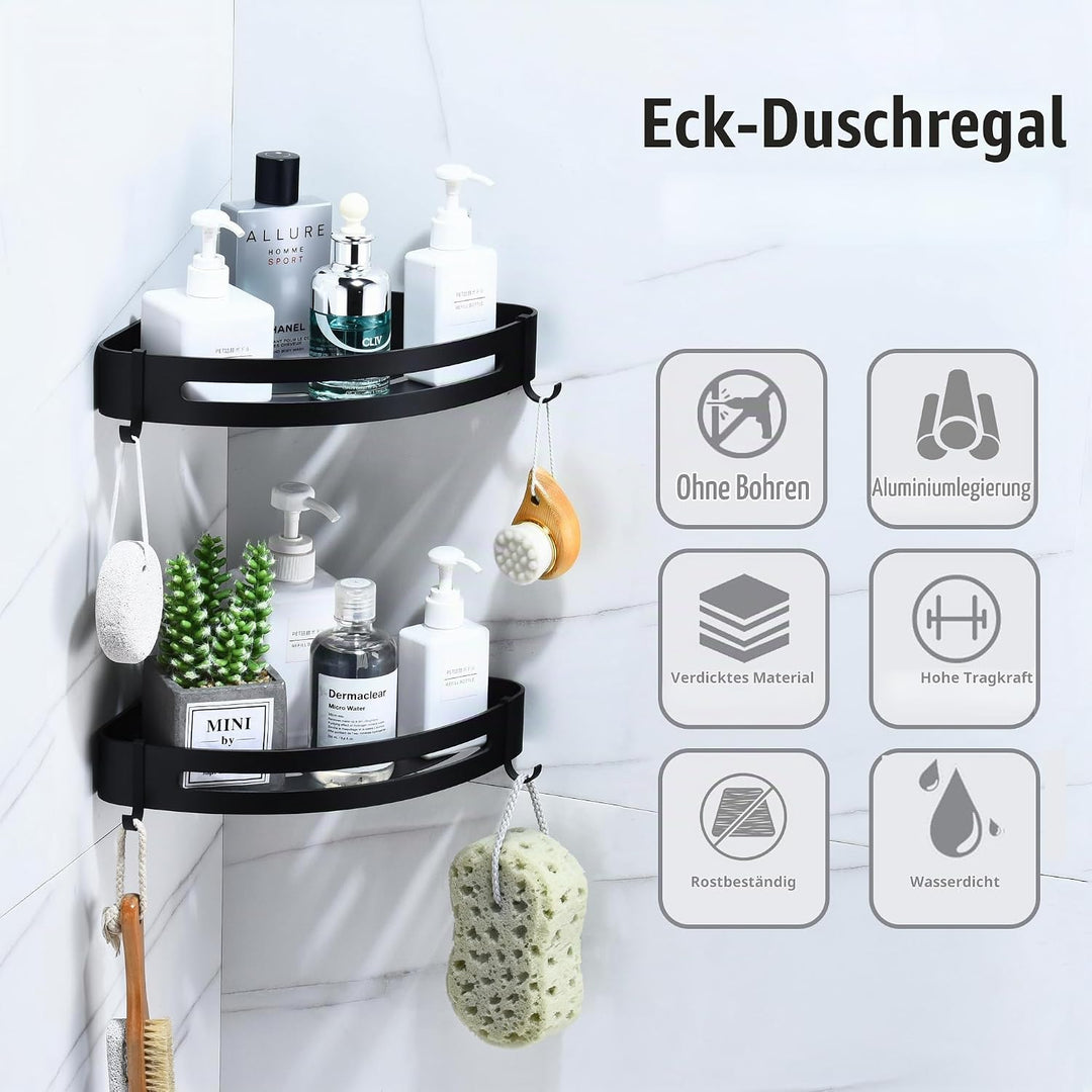 Duschablage Ecke Ohne Bohren, Duschregal Schwarz Metall mit 4 Haken Selbstklebendes Badezimmer Eckre