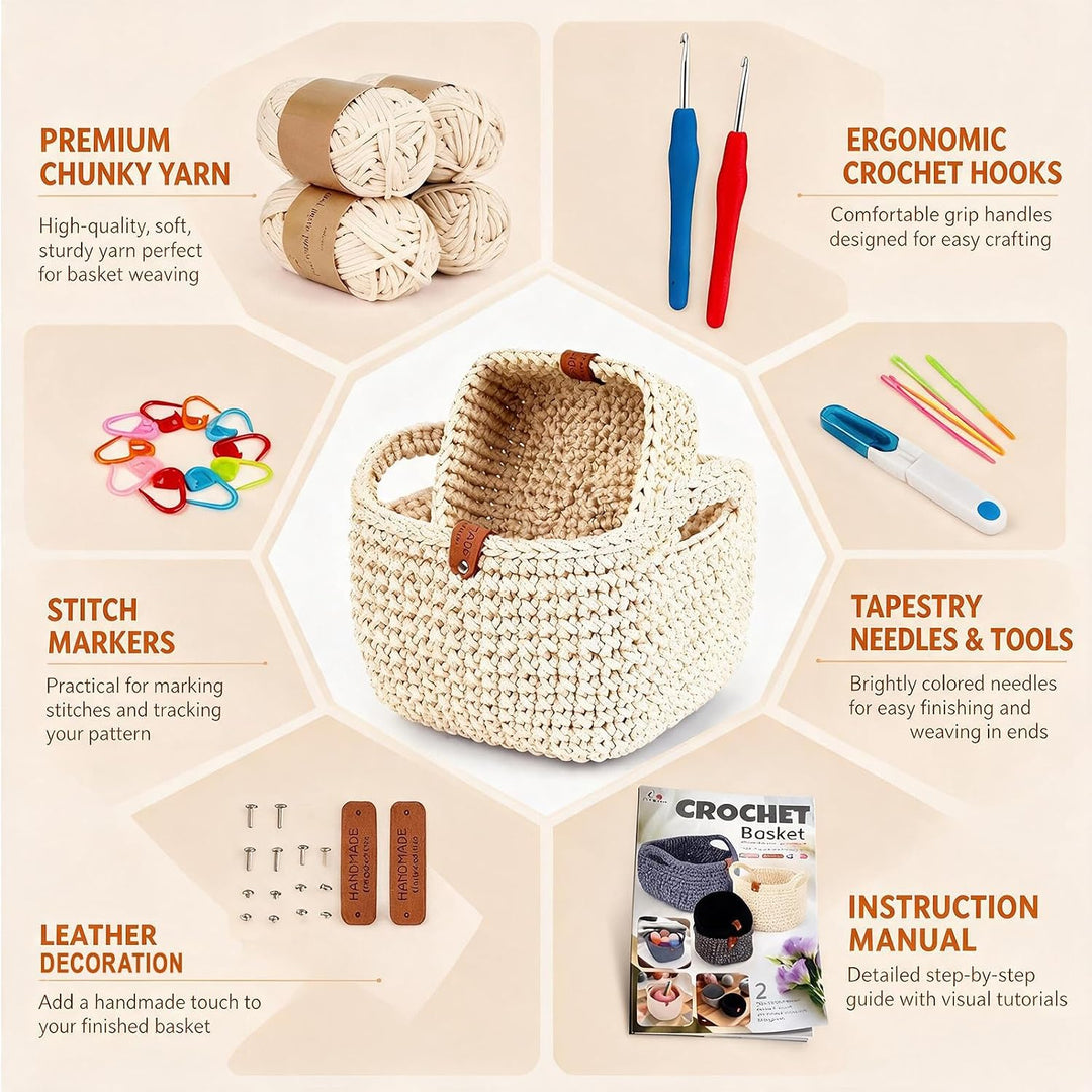 2PCS Square Häkelkorb Häkelset - 2 Häkelnadeln, 4 Häkelgarn Anleitung Beige | Crochet Set, Korb Häke