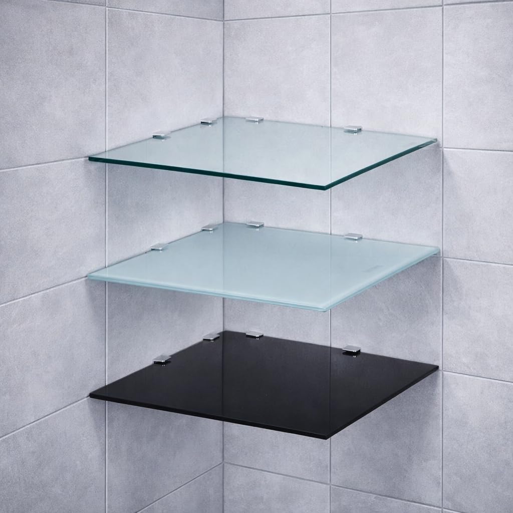Euro Tische Glas Eckregal 25 x 25 cm, Wandregal für Badezimmer, Duschregal Bad, Glas Badregal mit 6m