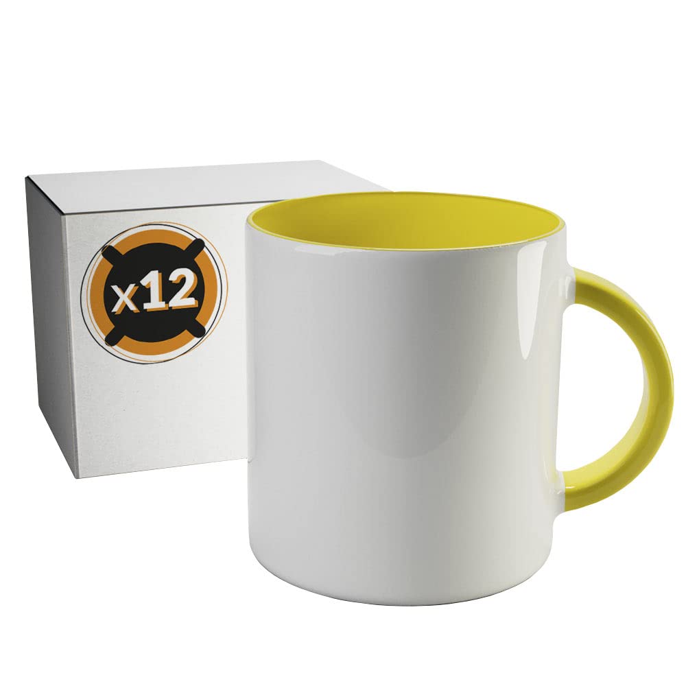 PixColor 12 weisse Keramik-Sublimationstassen mit gelber Innenseite | Einzelbox | 350 ml (11 oz) | K