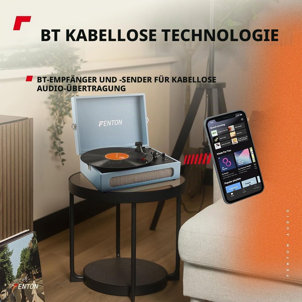 Fenton RP118E - Bluetooth Plattenspieler mit Lautsprecher, Bluetoothsender und Empfänger, Schallplat