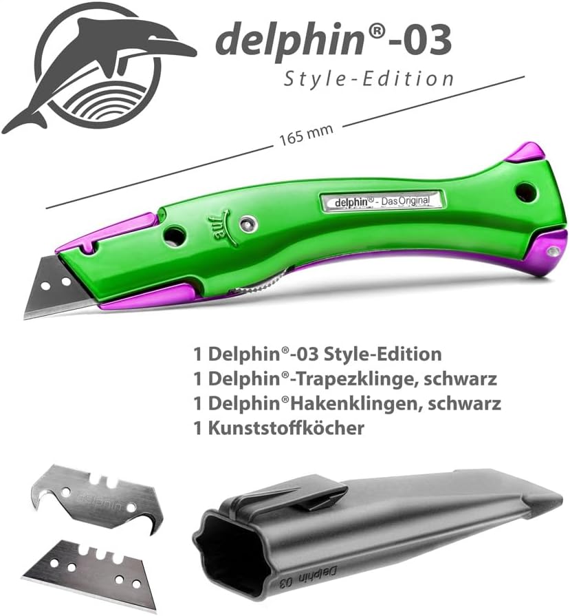 Delphin®-03 Teppichmesser, Style Edition, Feststehende Klinge, Profi Cuttermesser, Alu, Klingen und