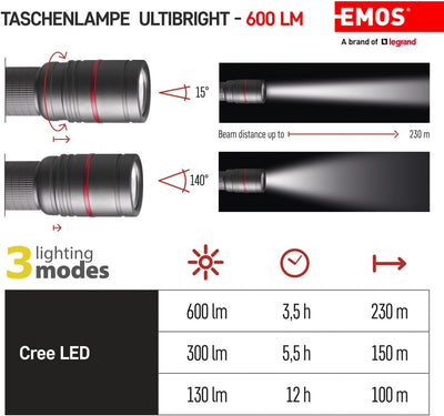 EMOS aufladbare Metall-Taschenlampe mit Fokus, superhelle 600 lm CREE-LED taktische Handlampe mit 23