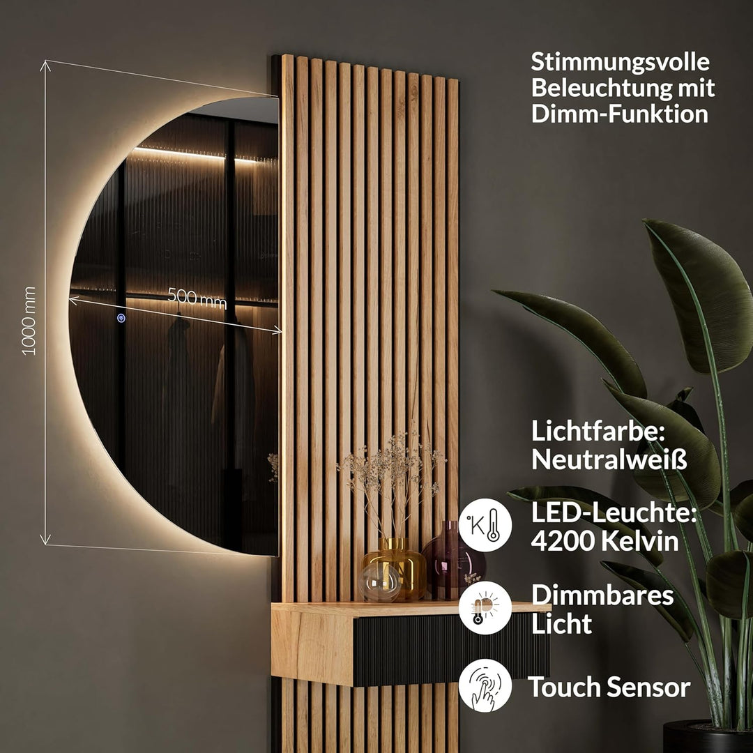 Planetmöbel NIVORA Spiegel mit Beleuchtung halbrund Spiegel mit LED-Licht, Dekorativer Wandspiegel m