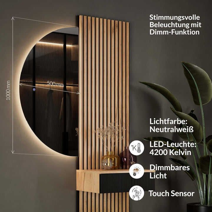 Planetmöbel NIVORA Spiegel mit Beleuchtung halbrund Spiegel mit LED-Licht, Dekorativer Wandspiegel m