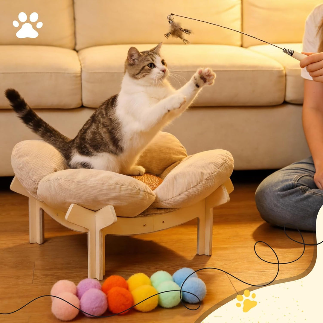 Erhöhtes Katzenbett in Blumenform,Stabiles Holzkatzensofa,Weiche Haustiersofa,Katzenstuhl mit Abnehm
