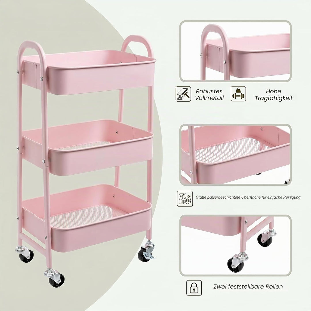 DOEWORKS Aufbewahrungswagen 3-Etagen Metall Utility Cart Rollwagen Organizer Wagen mit Rädern für Kü