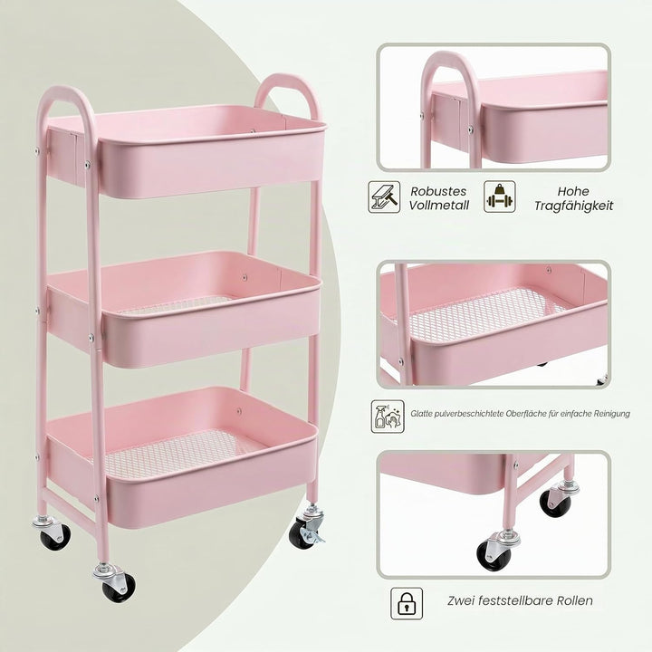 DOEWORKS Aufbewahrungswagen 3-Etagen Metall Utility Cart Rollwagen Organizer Wagen mit Rädern für Kü